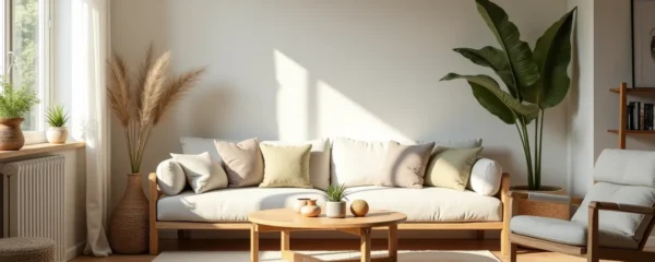 Salon campagne chic authentique avec meubles en bois patiné, canapé en lin lavé, lumière naturelle douce