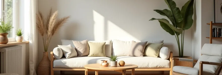 Salon campagne chic authentique avec meubles en bois patiné, canapé en lin lavé, lumière naturelle douce