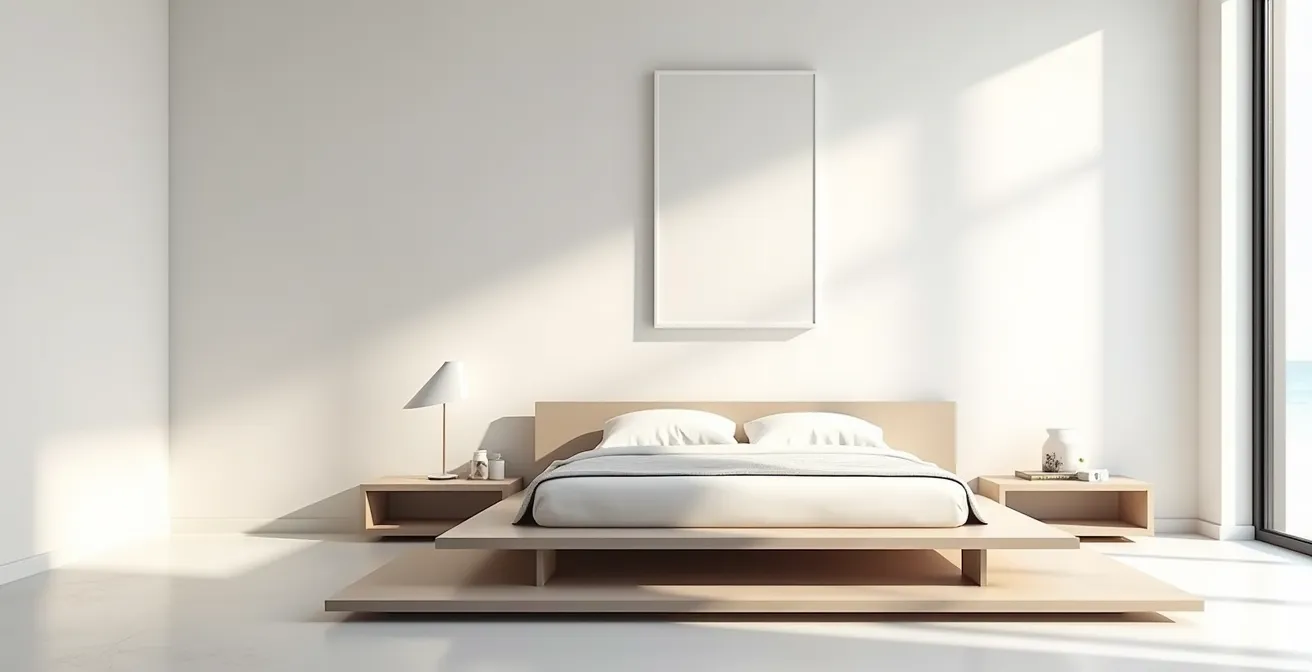 Chambre minimaliste avec lit bas et espace de circulation optimal