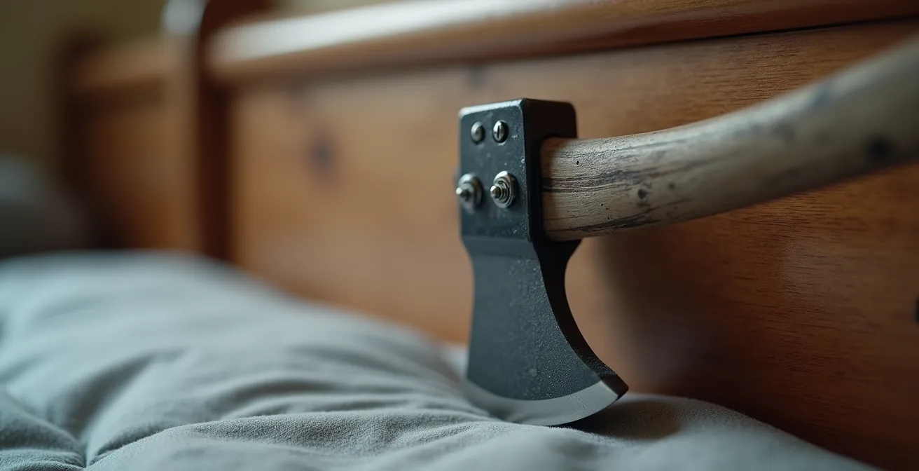 Détail macro du mécanisme de vérin d'un lit coffre