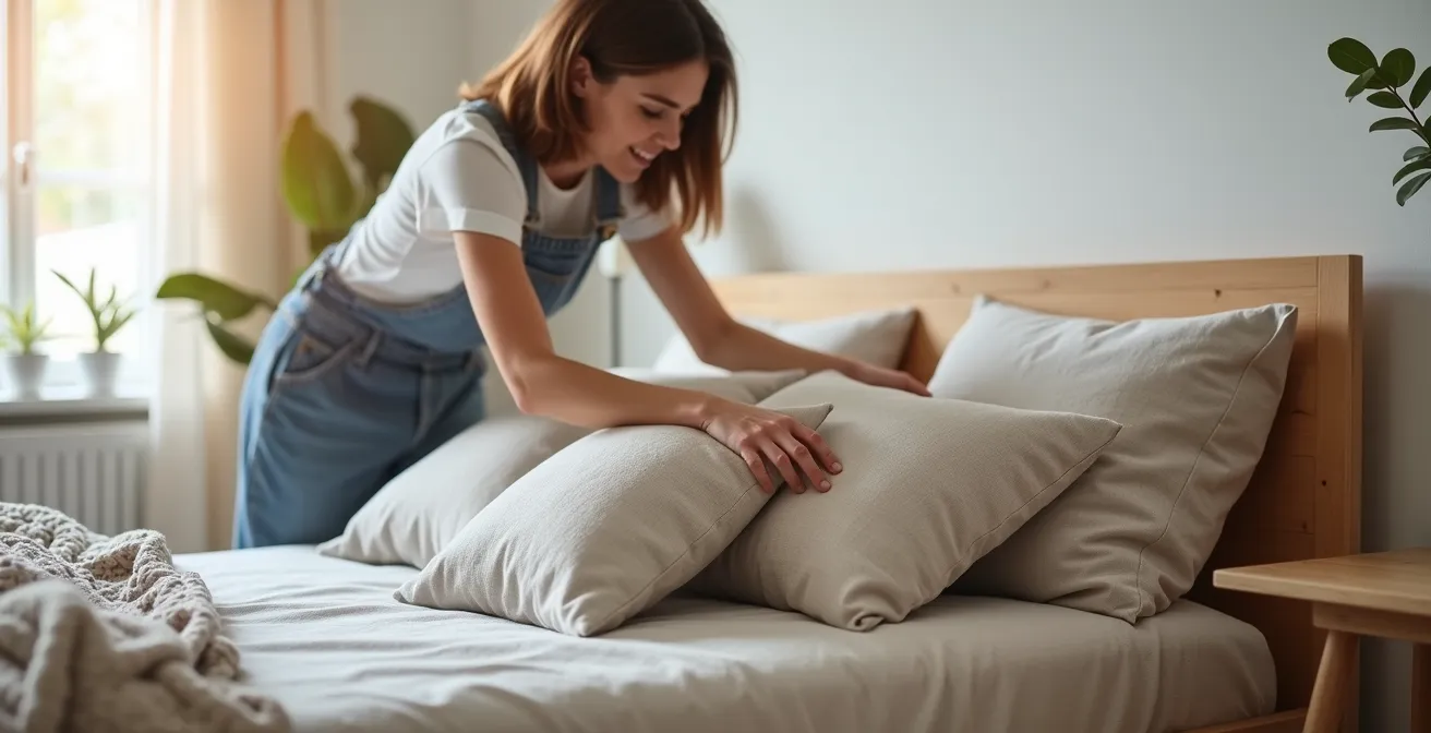 Femme arrangeant des oreillers sur un lit coffre style scandinave